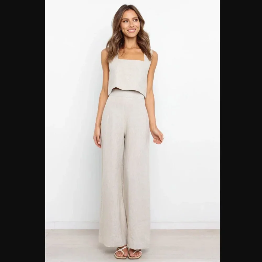 Petal & Pup Devlin Beige Square Neck Cropped Linen Top 4 - Picture 7 of 16